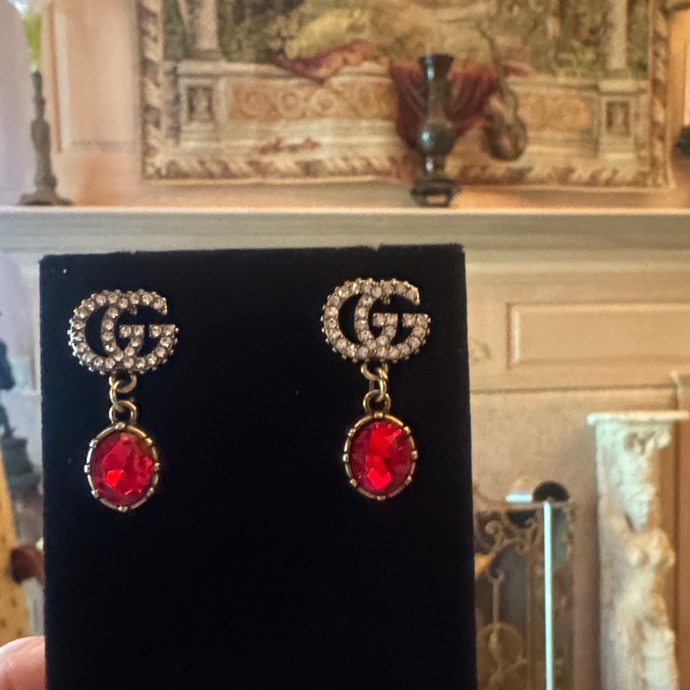Gucci Gold-Tone GG Crystal Drop Earrings with Red Stones